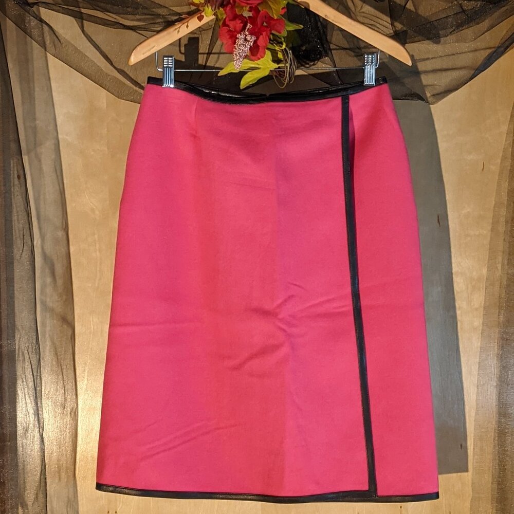 MICHAEL KORS Fuchsia Hot Pink Leather Black Piping A-Line Vintage Skirt _Size 10